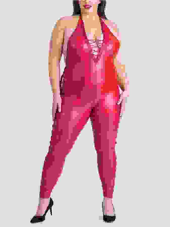 Lovehoney Plus Size Fierce Leather Look Lace-Up Red Catsuit, Red, hi-res